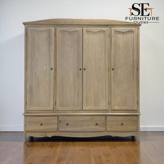 Grey-toned Limewashed Finish Solid Oak & High-Quality Oak Veneer Quad Wardrobe, Camille Range RRP £2400
