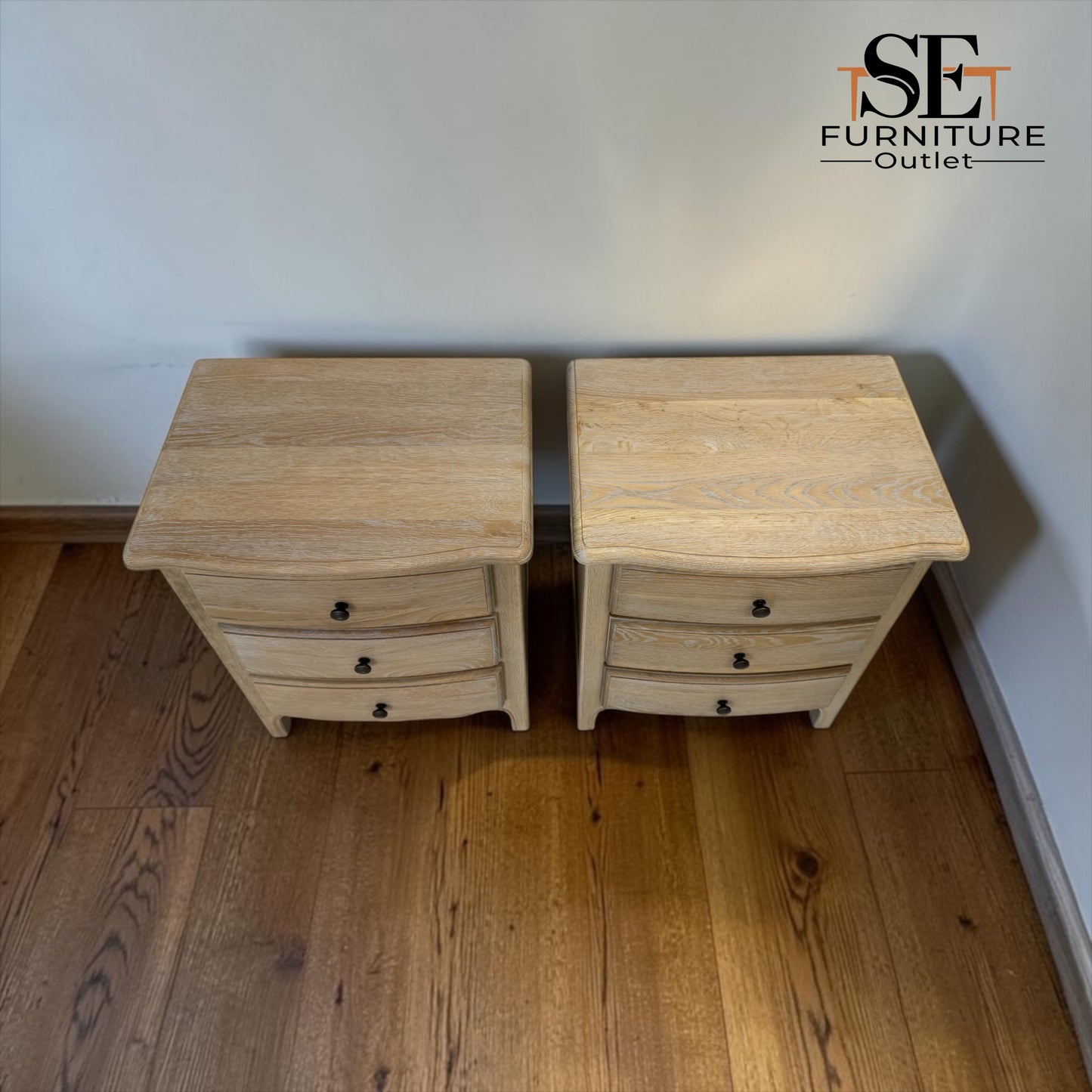 Grey-toned Limewashed Finish Solid Oak & High-Quality Oak Veneer Bedside Tables, Camille Range RRP £799