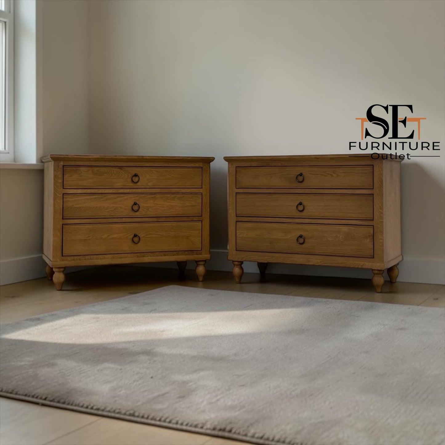 Set of 2 Solid Oak & Quality Oak Veneer Wide Bedside Tables from the Elkstone Mellow Oak Range RRP £700