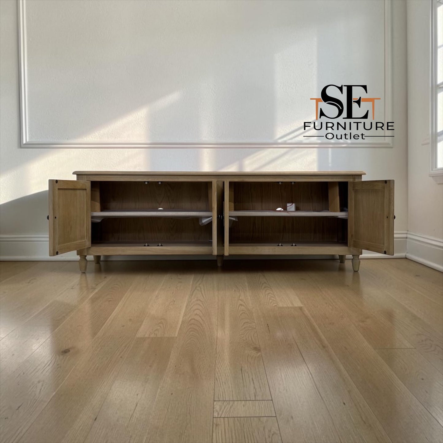 Grey-toned Limewashed Finish Solid Oak and Quality Oak Veneer Media TV Console Fits up to 75", Camille Range RRP £999