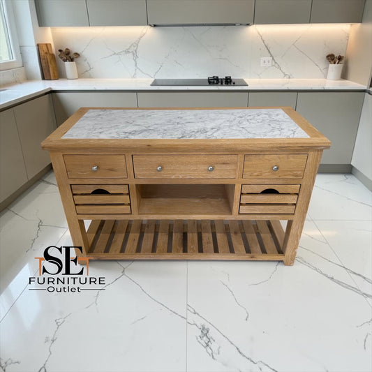 Whitewashed Finish Solid Oak & Oak Veneer Kitchen Island with Marble Top, Inglesham Range RRP £1399