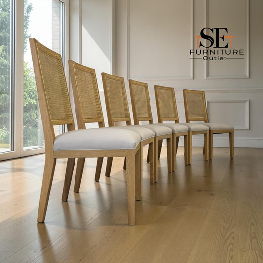 Set of 6 Solid Oak Rattan Back Dining Chairs, Elkstone Mellow Oak Range RRP £1194