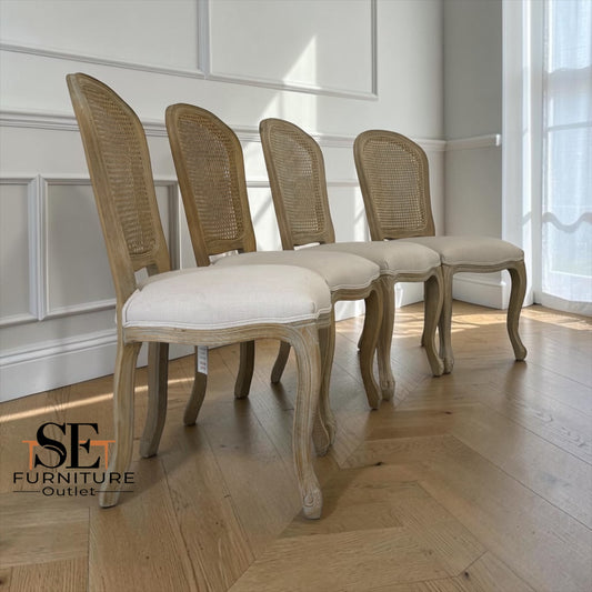 Set of 4 Grey-toned Limewashed Finish Solid Oak Rattan Back Dining Chairs, Camille Range RRP £1196