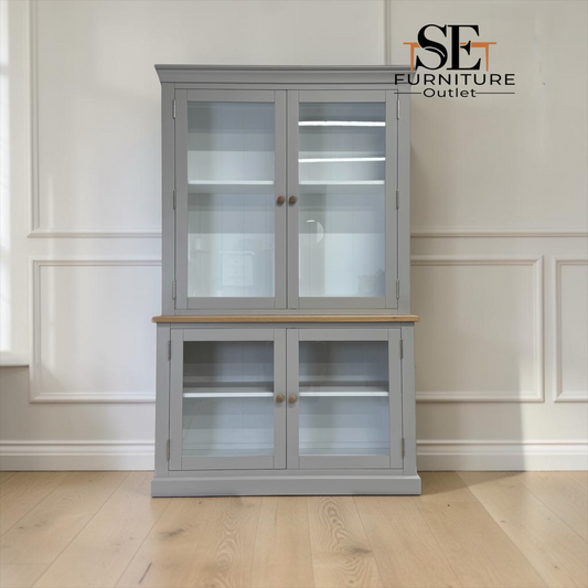 Solid Oak Top & Solid Wood Frames Large Glazed Dresser, Chester Dove Grey Range RRP £1199