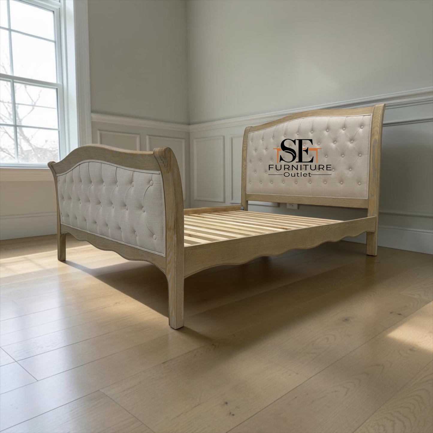 Grey-toned Limewashed Finish Solid Oak Frame Buttoned 5ft King Size Bed, Camille Range RRP £1499