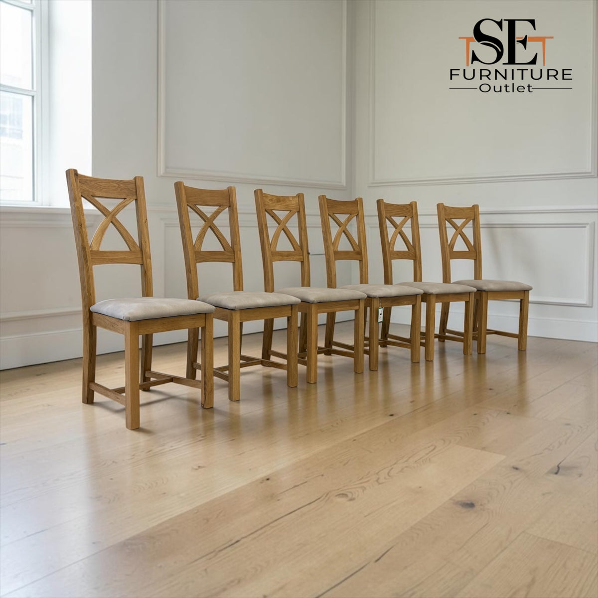 Set of 6 Natural Oak Dining Chairs, Cross Back Range From Oak Furnitureland RRP £200 Each