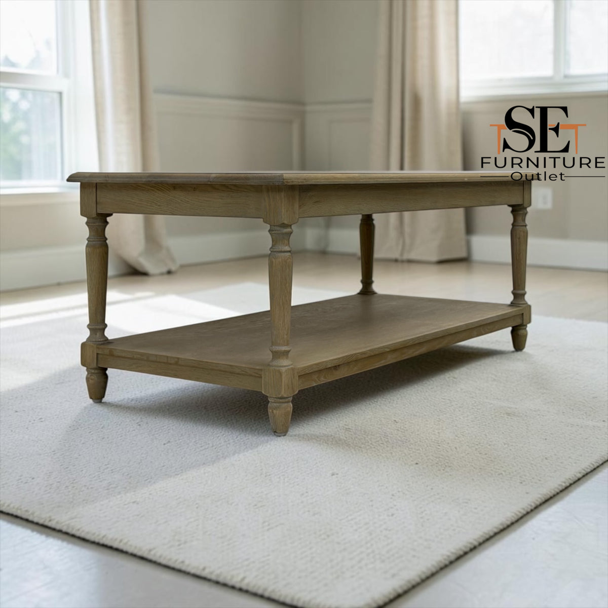 Grey-toned Limewashed Finish Solid Oak & Quality Oak Veneer Coffee Table, Camille Range, RRP £499