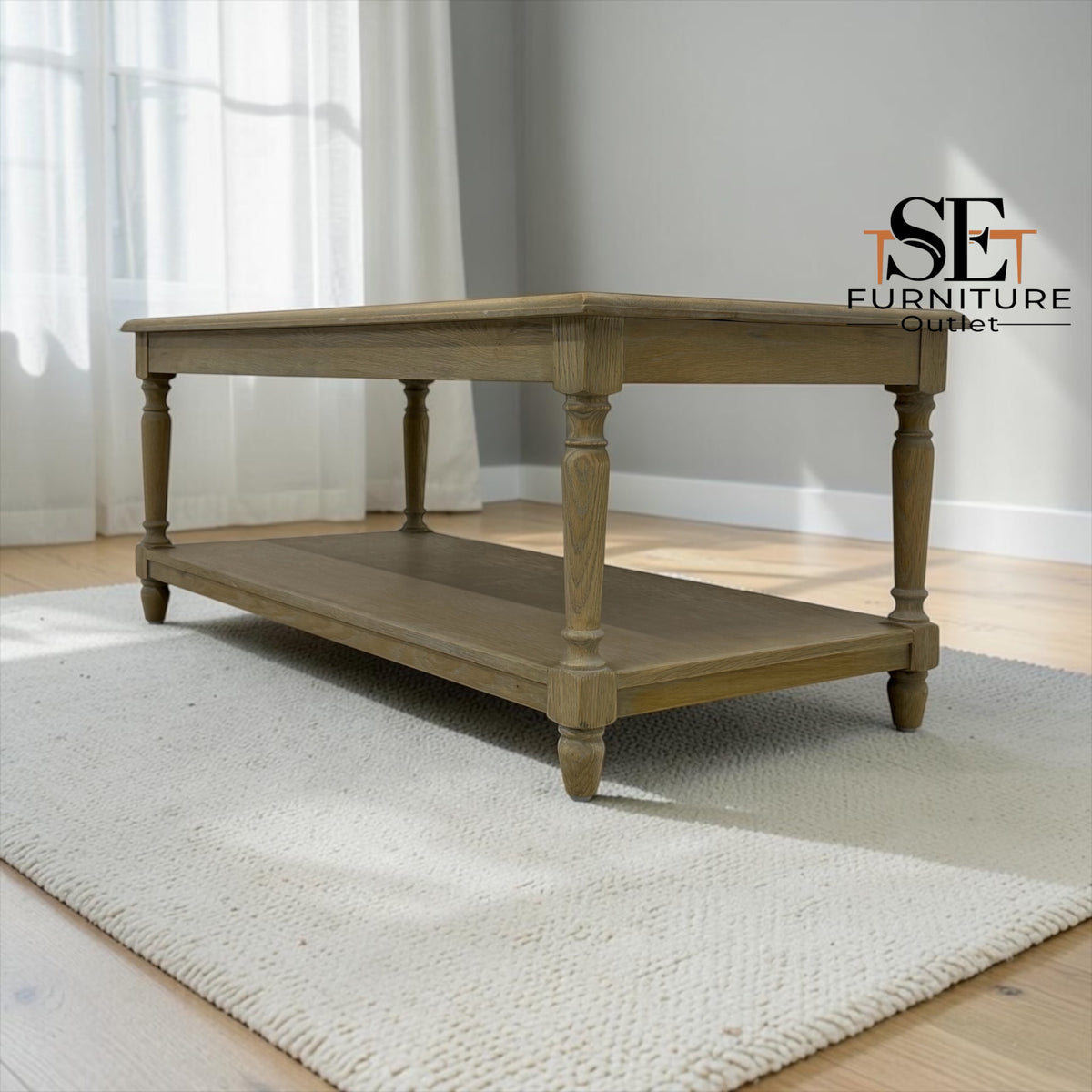 Grey-toned Limewashed Finish Solid Oak & Quality Oak Veneer Coffee Table, Camille Range, RRP £499