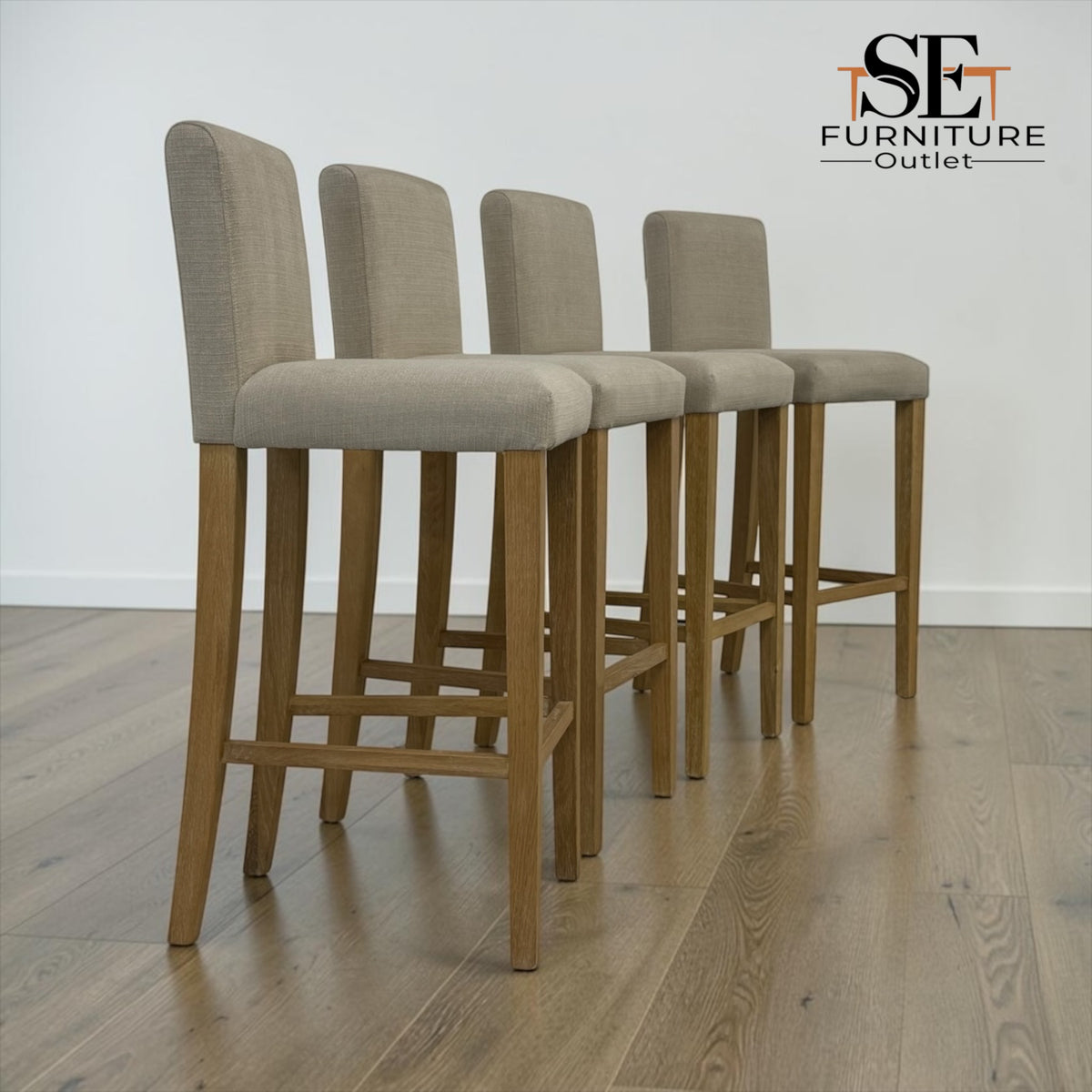 Set of 4 Beige Upholstered Bar Stools with Whitewashed Oak Legs, Alder Range RRP £799.