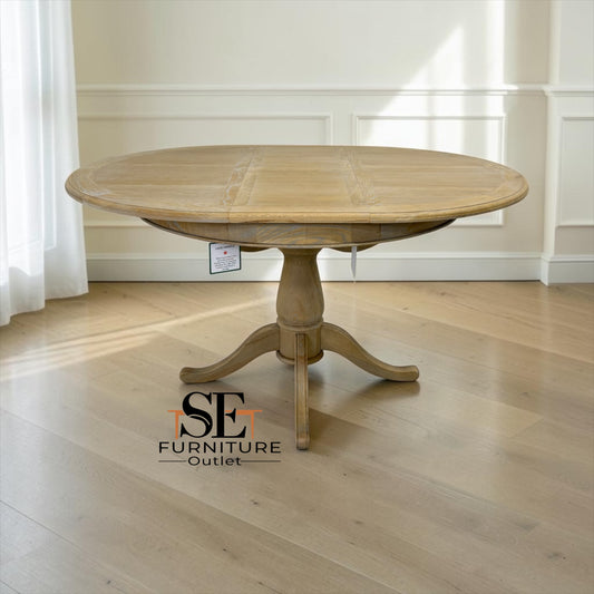 Grey-toned Limewashed Finish Solid Oak and Oak Veneer 4-6 Seater Extending Round Dining Table, Camille Range RRP £1399