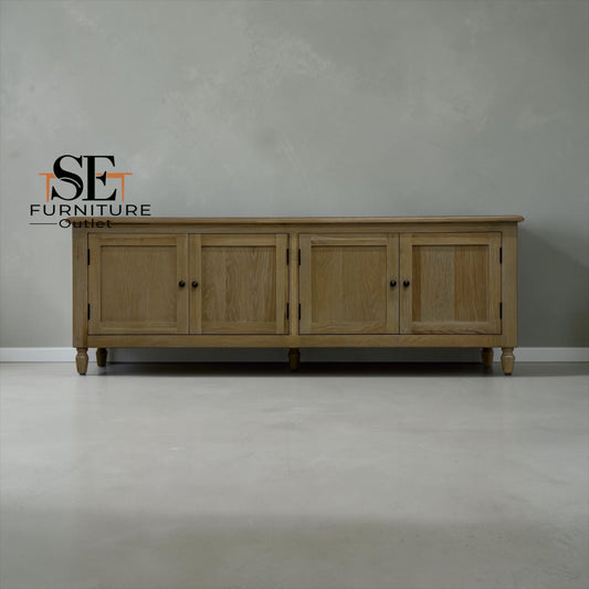 Grey-toned Limewashed Finish Solid Oak and Quality Oak Veneer Media TV Console Fits up to 75", Camille Range RRP £999