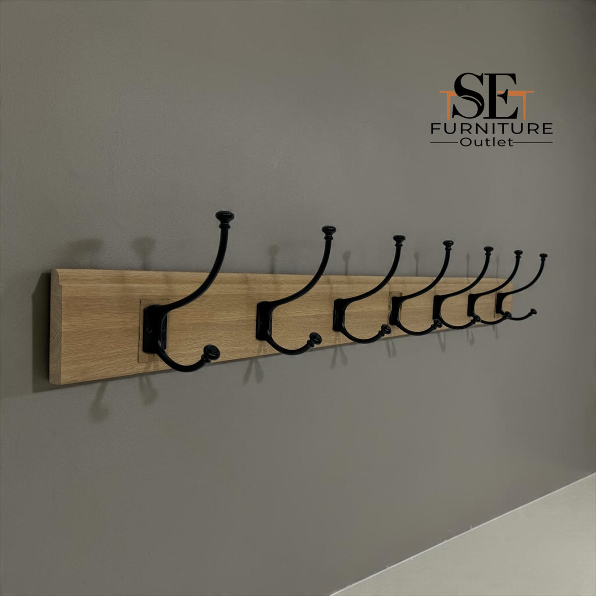 White Wax-Finished Solid Oak & 7 Metal Double Hooks Coat Rack, Chester Oak Range