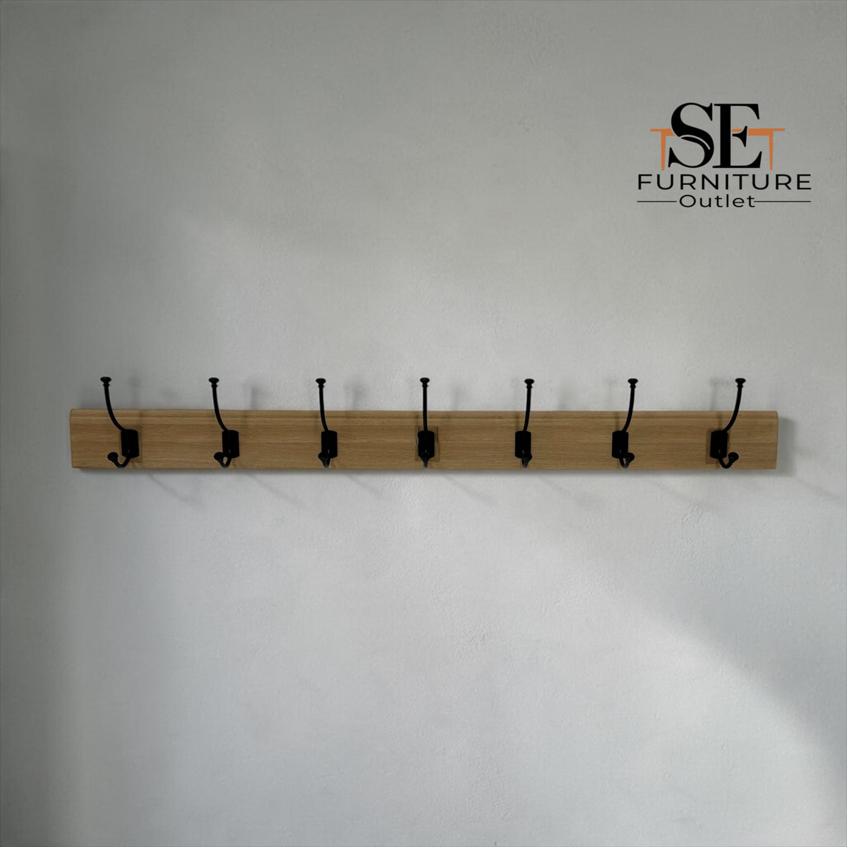 White Wax-Finished Solid Oak & 7 Metal Double Hooks Coat Rack, Chester Oak Range