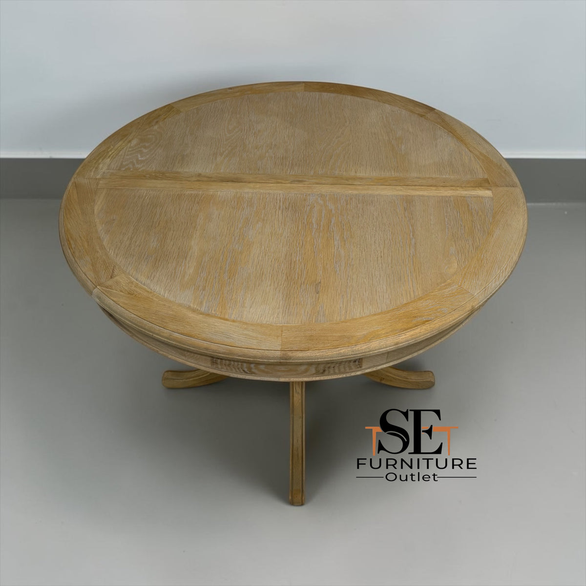 Grey-toned Limewashed Finish Solid Oak and Oak Veneer 4-6 Seater Extending Round Dining Table, Camille Range RRP £1399