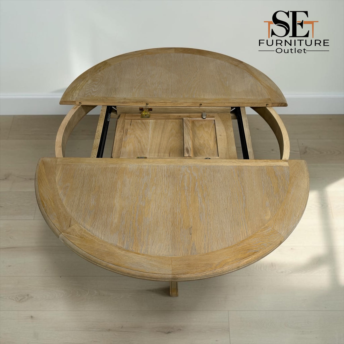 Grey-toned Limewashed Finish Solid Oak and Oak Veneer 4-6 Seater Extending Round Dining Table, Camille Range RRP £1399