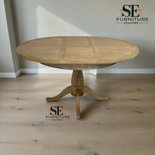 Grey-toned Limewashed Finish Solid Oak and Oak Veneer 4-6 Seater Extending Round Dining Table, Camille Range RRP £1399