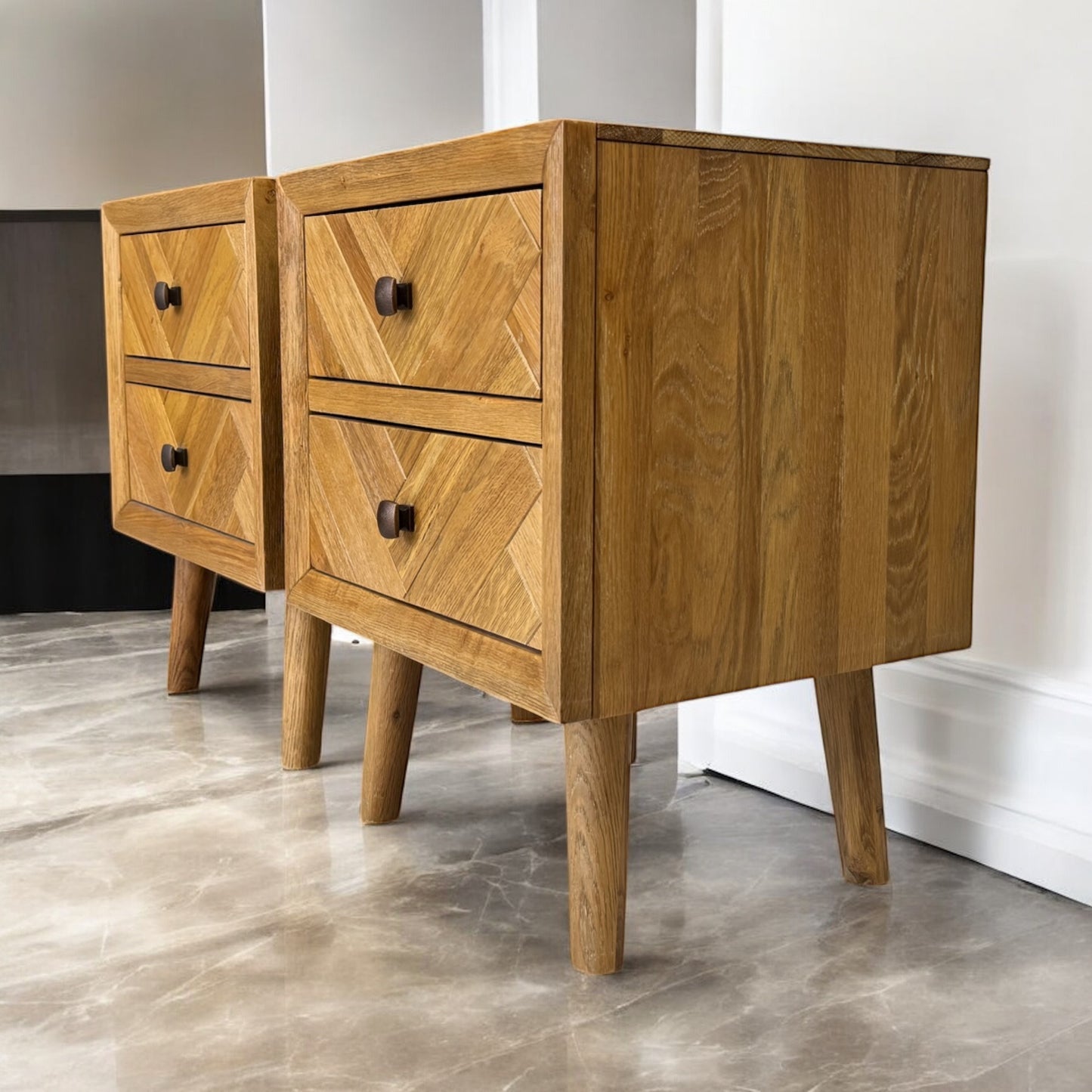 Brushed & Glazed Solid Oak 2 Drawer Bedside Tables Parquet Range From Oak Furnitureland