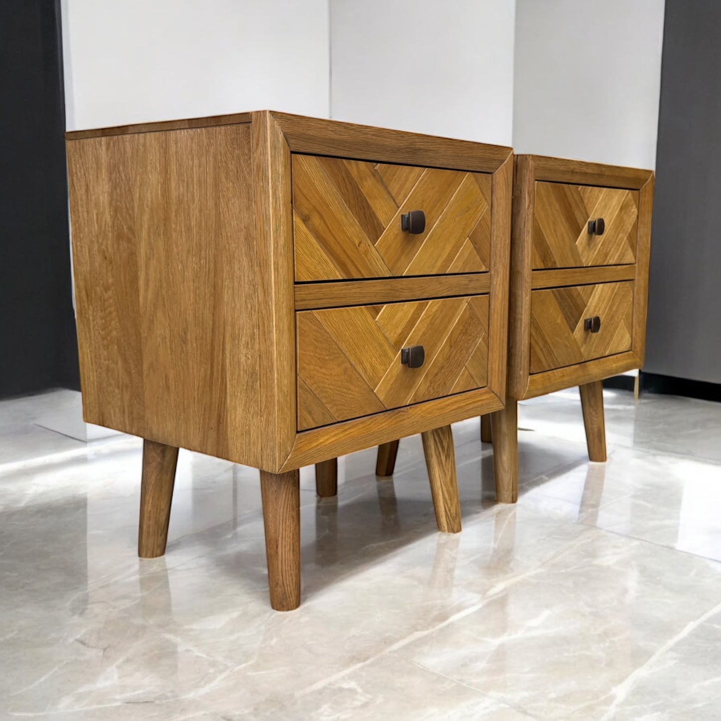 Brushed & Glazed Solid Oak 2 Drawer Bedside Tables Parquet Range From Oak Furnitureland