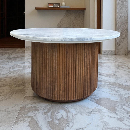 Solid Mango Wood Fluted Base & Natural White & Grey Mottled Marble Top Coffee Table
