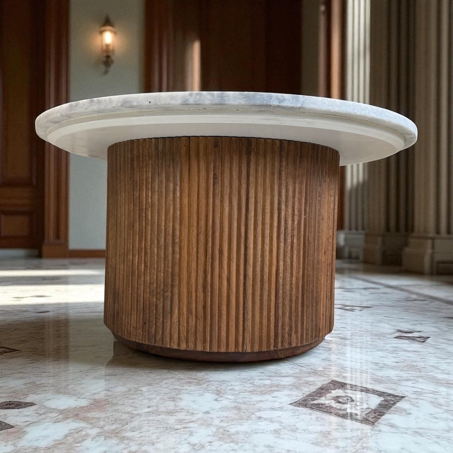 Solid Mango Wood Fluted Base & Natural White & Grey Mottled Marble Top Coffee Table