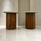 Solid Mango Wood Fluted Base & Natural White & Grey Mottled Marble Top Side Tables
