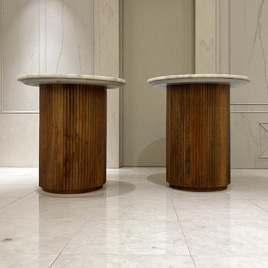 Solid Mango Wood Fluted Base & Natural White & Grey Mottled Marble Top Side Tables