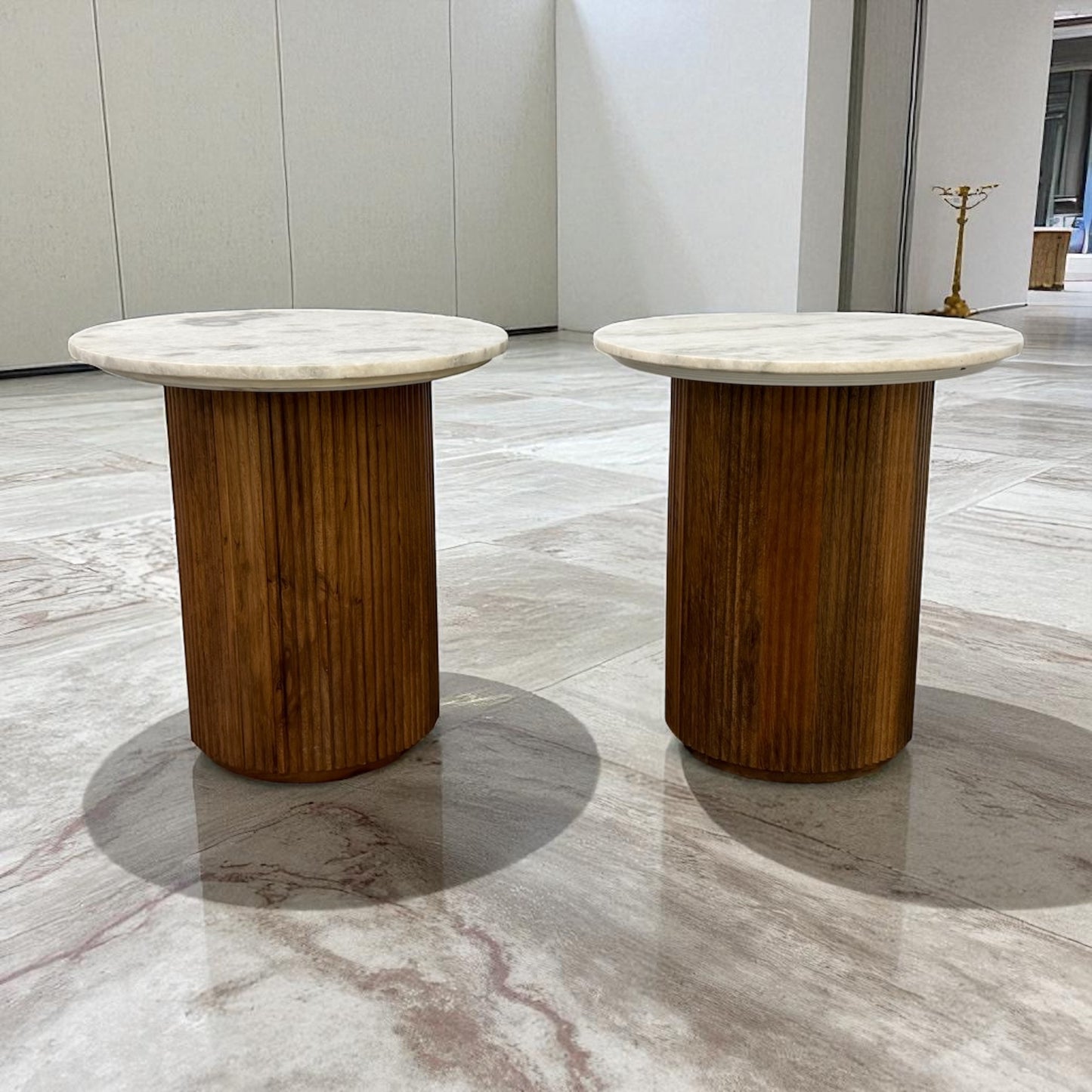 Solid Mango Wood Fluted Base & Natural White & Grey Mottled Marble Top Side Tables