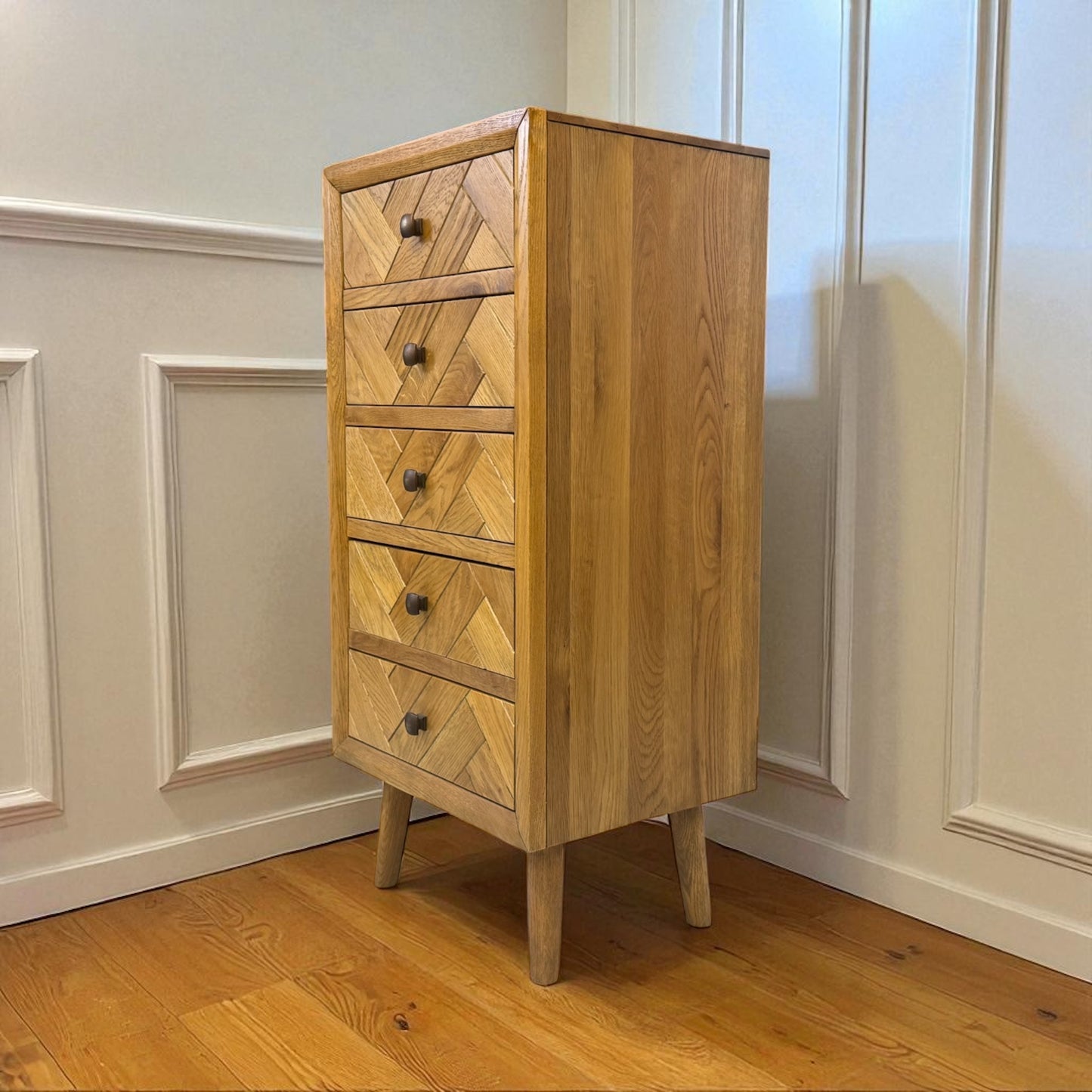 Brushed & Glazed Solid Oak Tallboy Parquet Range From Oak Furnitureland £549