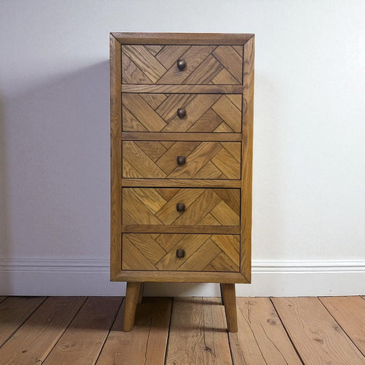 Brushed & Glazed Solid Oak Tallboy Parquet Range From Oak Furnitureland £549