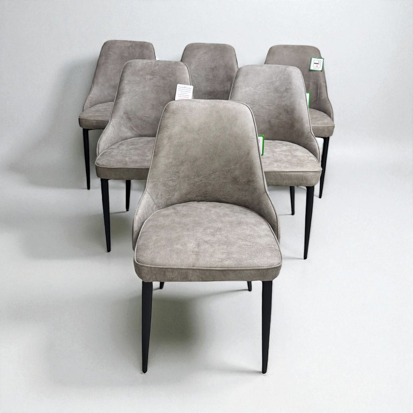 Set of 6 Light Grey Suede Dining Chairs with Black Metal Legs from Oak Furnitureland RRP £220