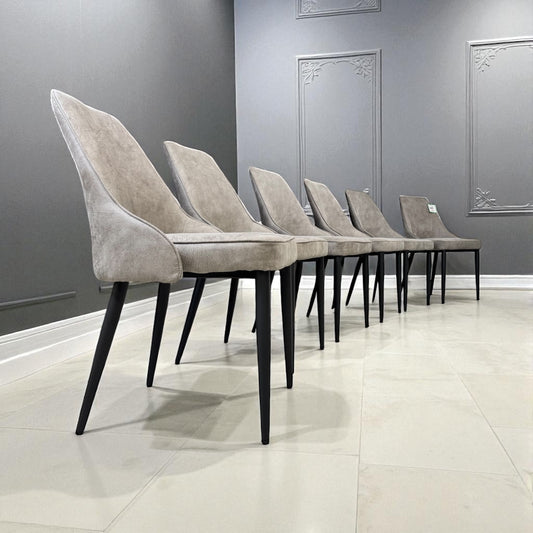 Set of 6 Light Grey Suede Dining Chairs with Black Metal Legs from Oak Furnitureland RRP £220