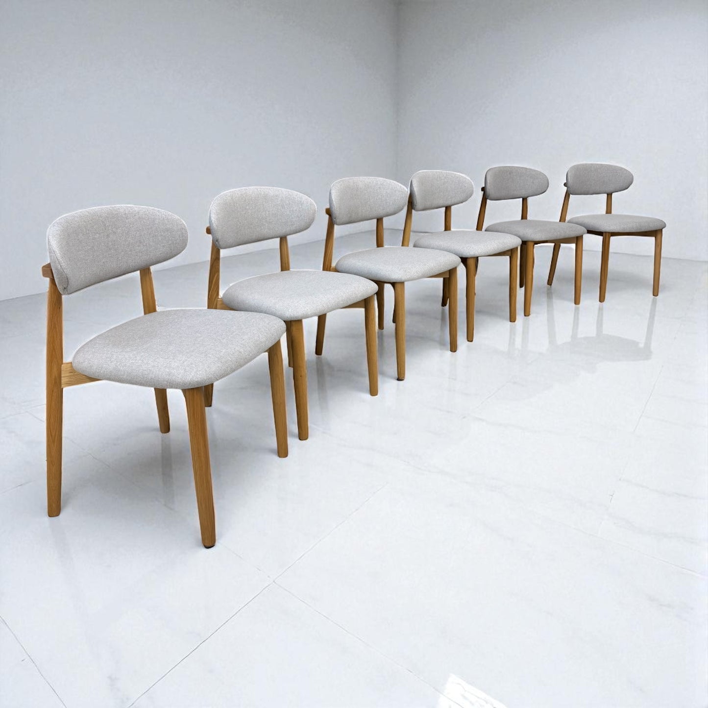 Set of 6 Cloud Grey Fabric Dining Chairs with Oak Legs, From Oak Furnitureland RRP £260 Each