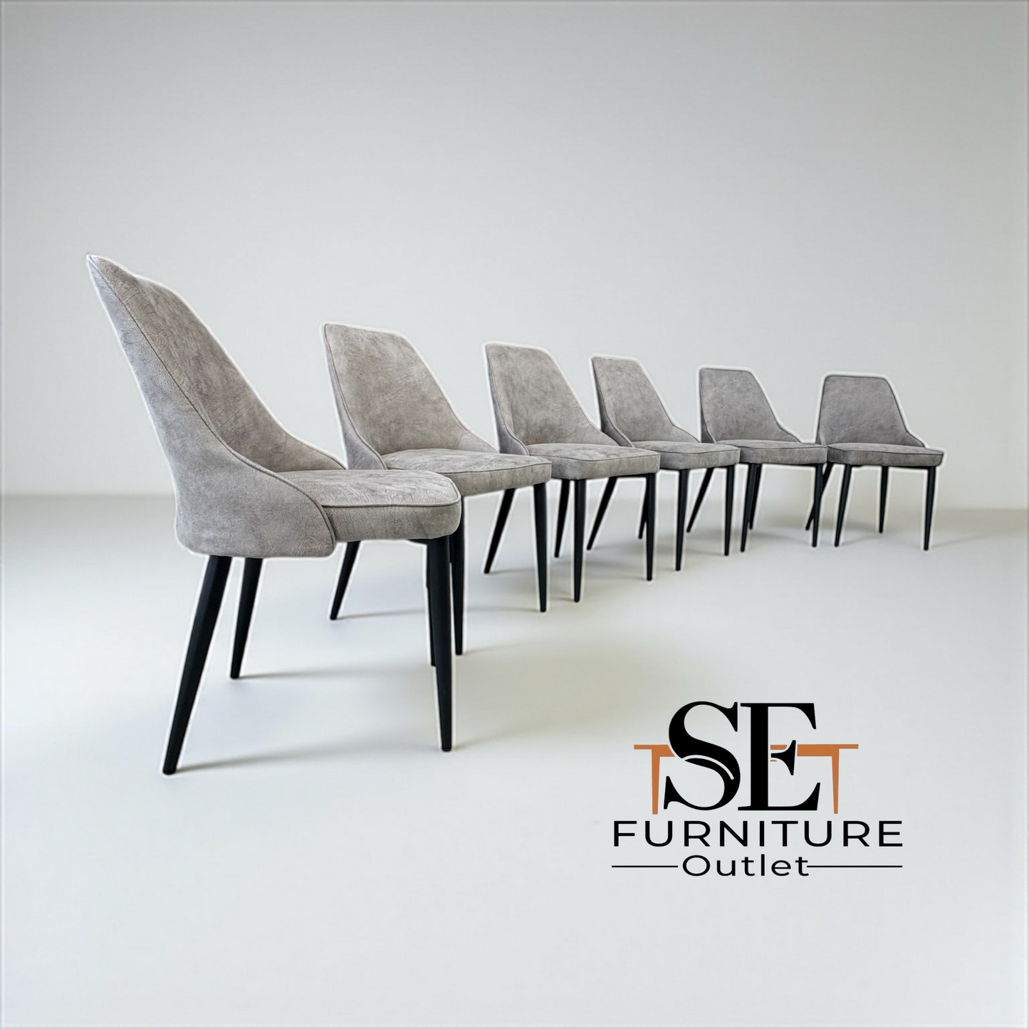 Set of 6 Light Grey Suede Dining Chairs with Black Metal Legs from Oak Furnitureland RRP £220