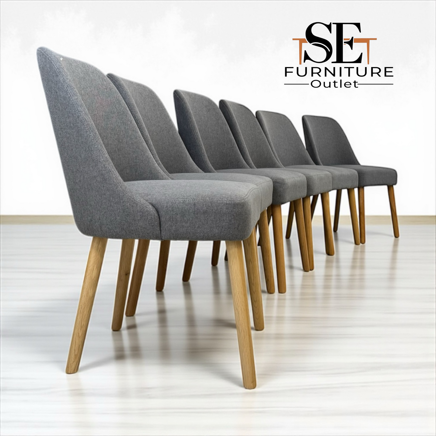 Set of 6 Grey Fabric & Oak Legs Dining Chairs from Oak Furnitureland