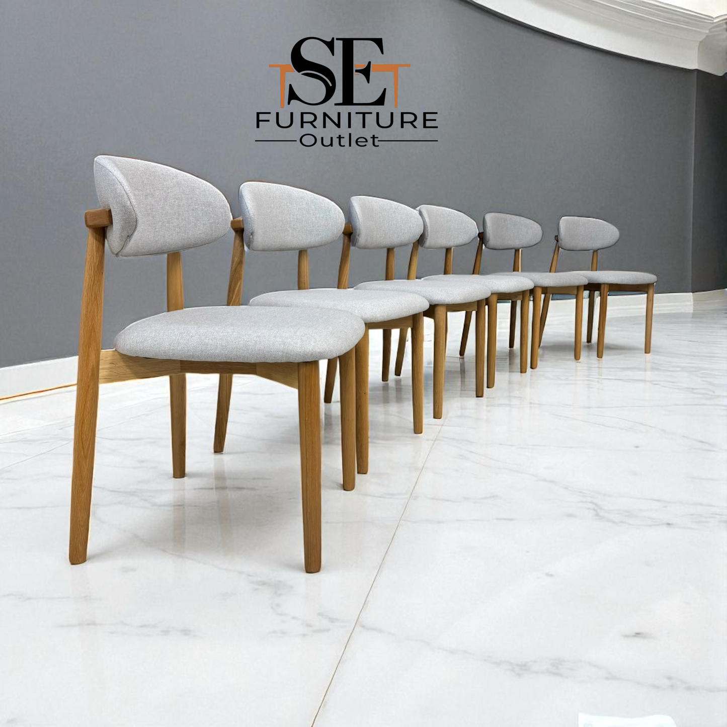 Set of 6 Cloud Grey Fabric Dining Chairs with Oak Legs, From Oak Furnitureland RRP £260 Each